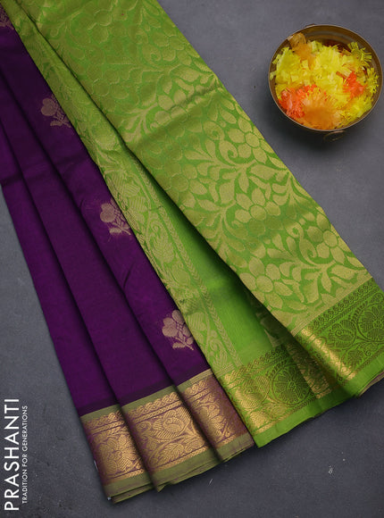 Silk cotton saree purple and light green with zari woven floral buttas and zari woven border