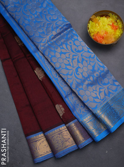 Silk cotton saree maroon and cs blue with zari woven floral buttas and zari woven border