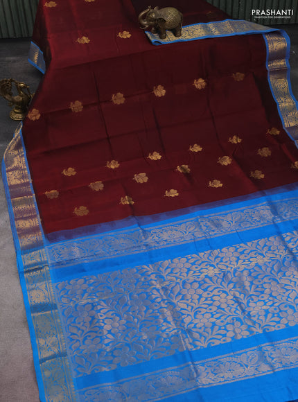 Silk cotton saree maroon and cs blue with zari woven floral buttas and zari woven border