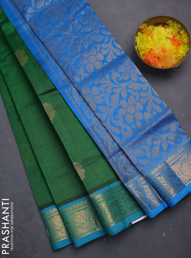 Silk cotton saree green and cs blue with zari woven floral buttas and zari woven border