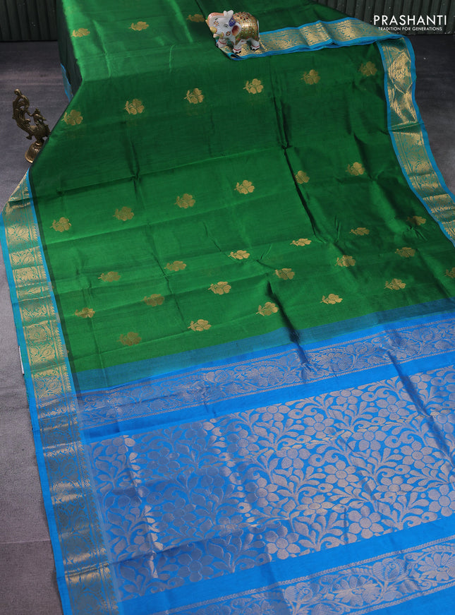 Silk cotton saree green and cs blue with zari woven floral buttas and zari woven border