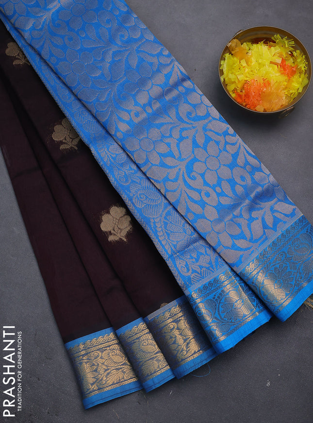 Silk cotton saree coffee brown and cs blue with zari woven floral buttas and rich zari woven border
