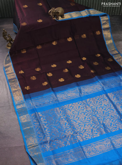 Silk cotton saree coffee brown and cs blue with zari woven floral buttas and rich zari woven border