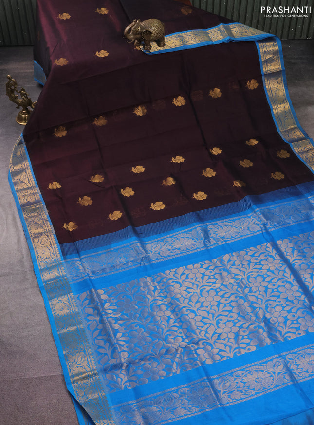 Silk cotton saree coffee brown and cs blue with zari woven floral buttas and rich zari woven border