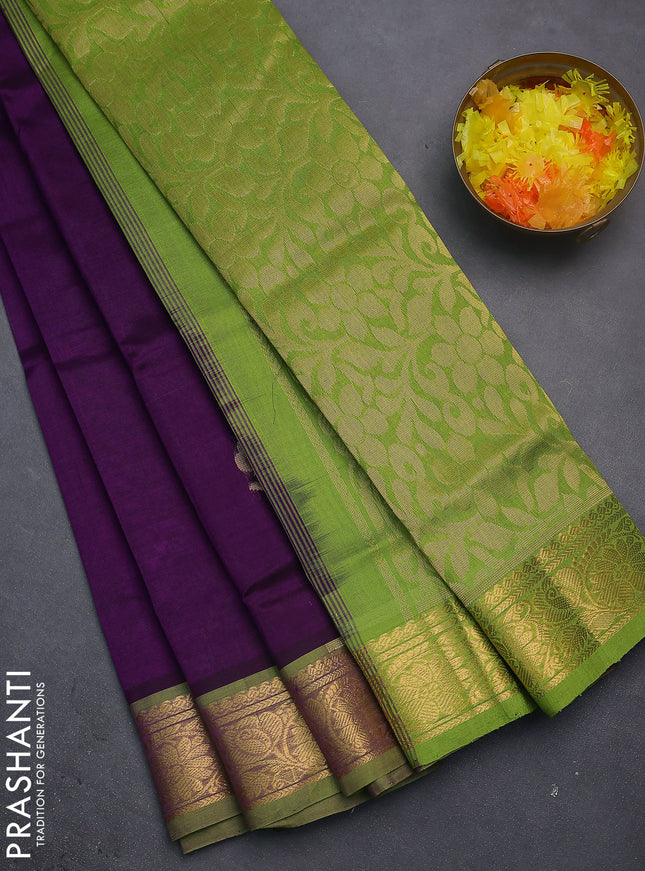 Silk cotton saree purple and light green with zari woven floral buttas and zari woven border
