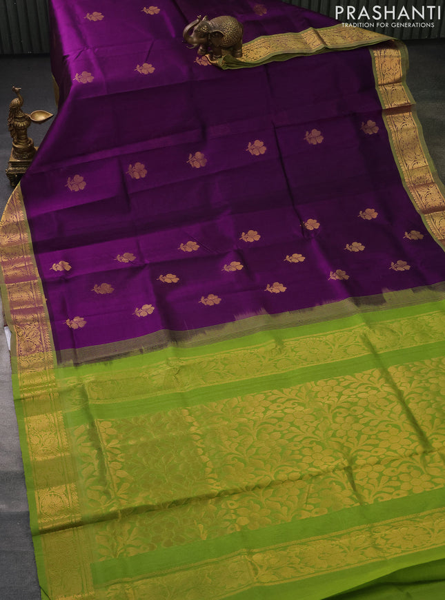 Silk cotton saree purple and light green with zari woven floral buttas and zari woven border