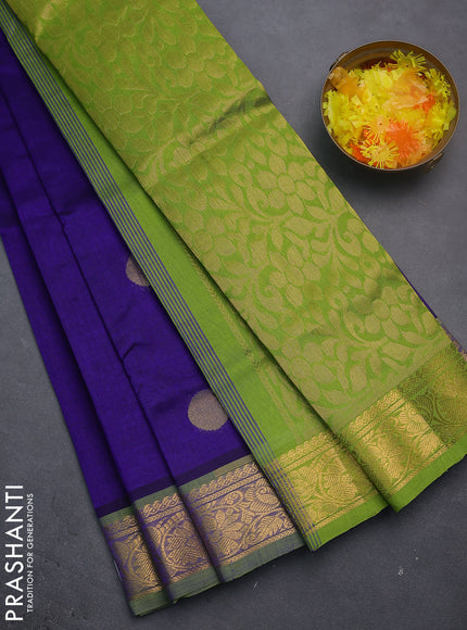 Silk cotton saree blue and light green with zari woven geometric buttas and rich zari woven border