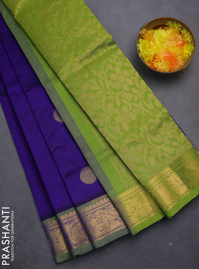 Silk cotton saree blue and light green with zari woven geometric buttas and rich zari woven border