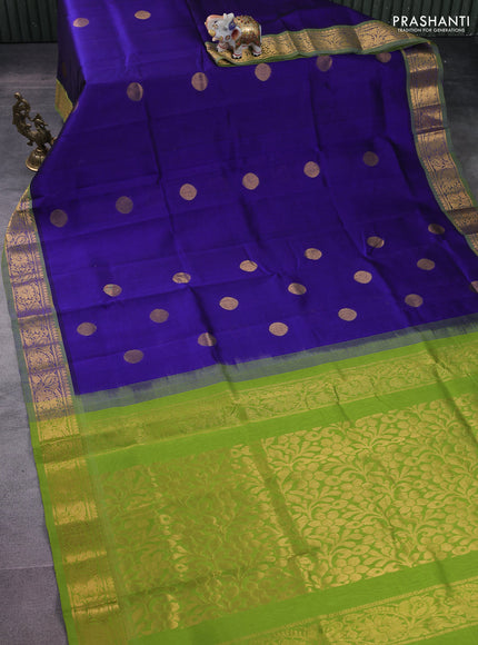 Silk cotton saree blue and light green with zari woven geometric buttas and rich zari woven border