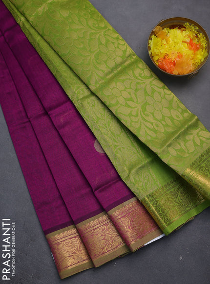 Silk cotton saree purple and light green with zari woven geometric buttas and rich zari woven border