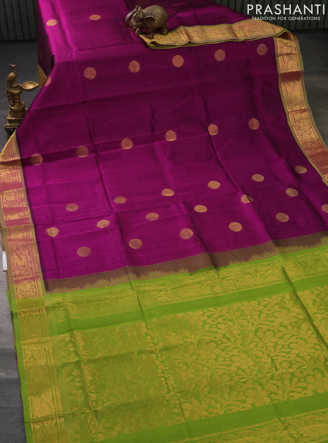 Silk cotton saree purple and light green with zari woven geometric buttas and rich zari woven border
