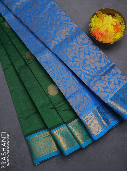 Silk cotton saree green and cs blue with zari woven geometric buttas and rich zari woven border