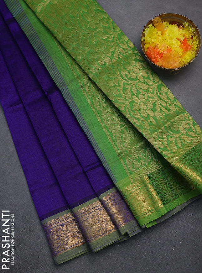 Silk cotton saree blue and light green with zari woven geometric buttas and rich zari woven border