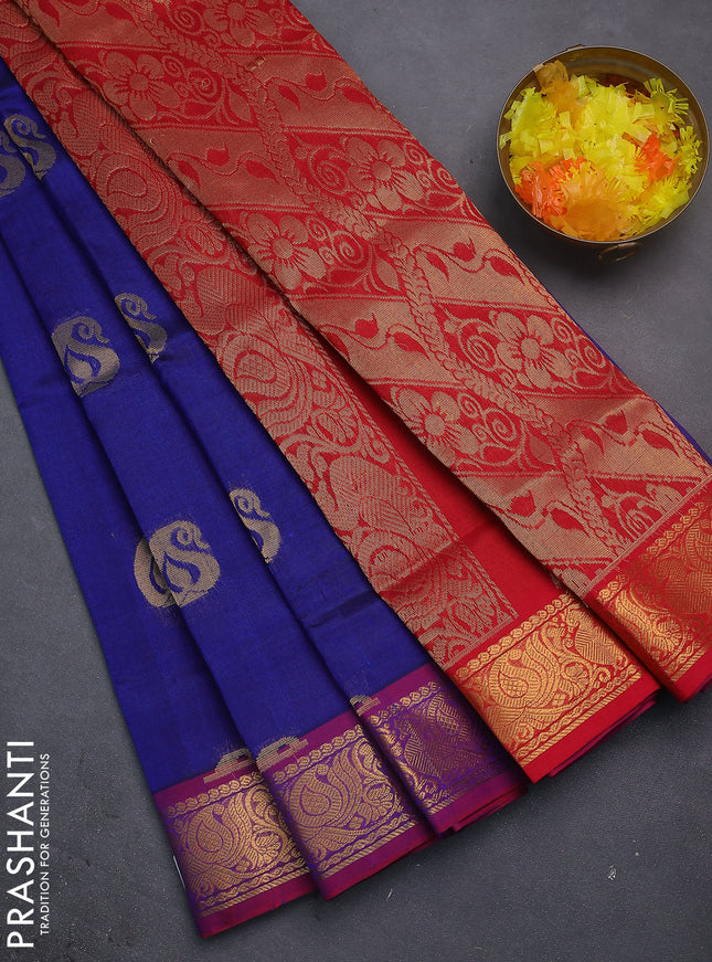 Silk cotton saree blue and red with zari woven buttas and zari woven annam border