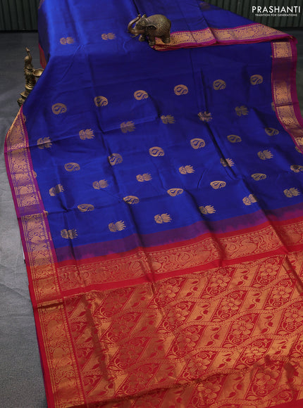 Silk cotton saree blue and red with zari woven buttas and zari woven annam border