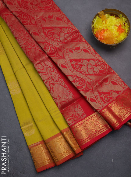 Silk cotton saree lime yellow and red with zari woven buttas and zari woven annam border