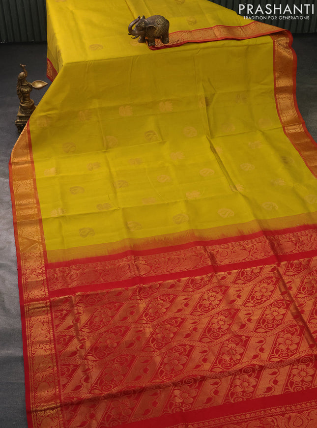 Silk cotton saree lime yellow and red with zari woven buttas and zari woven annam border