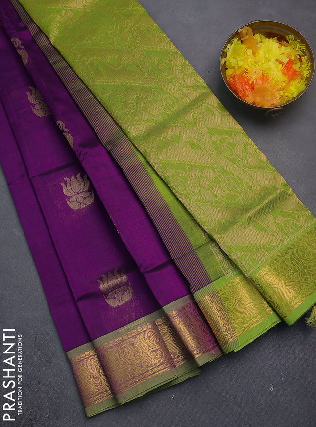 Silk cotton saree purple and light green with zari woven buttas and zari woven annam border
