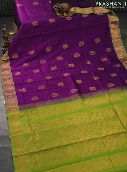 Silk cotton saree purple and light green with zari woven buttas and zari woven annam border
