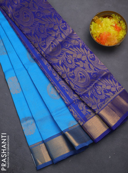 Silk cotton saree cs blue and blue with zari woven buttas and rich zari woven border