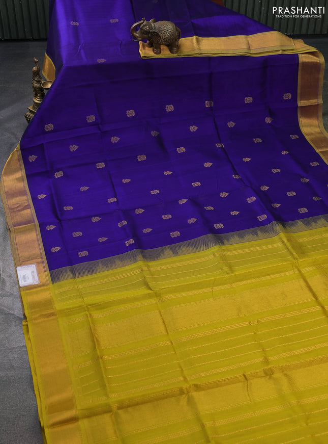 Silk cotton saree blue and lime yellow with zari woven buttas and rich zari woven border