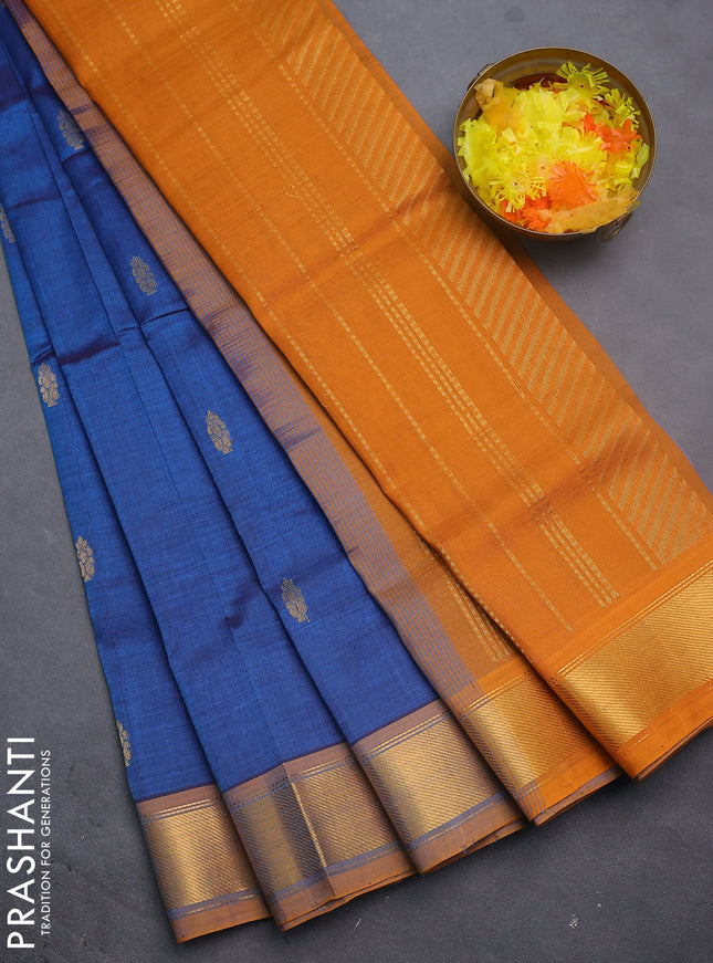 Silk cotton saree peacock blue and mustard yellow with zari woven buttas and rich zari woven border