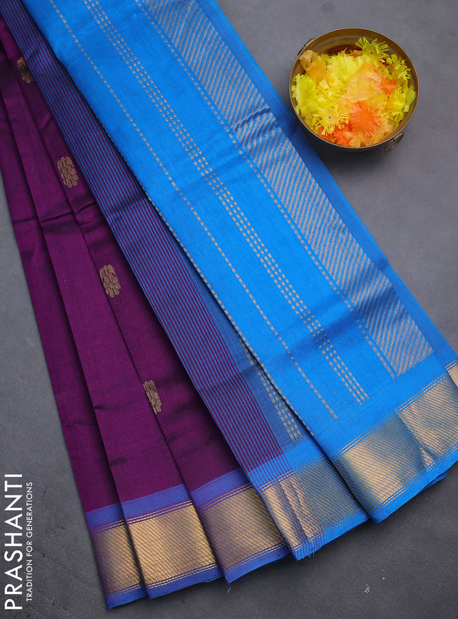Silk cotton saree purple and cs blue with zari woven floral buttas and zari woven border