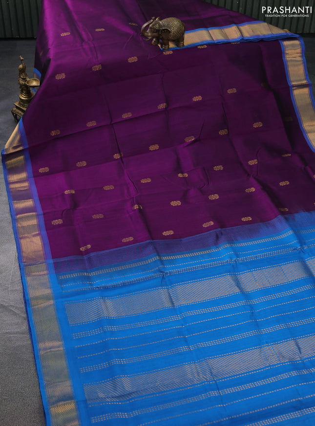 Silk cotton saree purple and cs blue with zari woven floral buttas and zari woven border