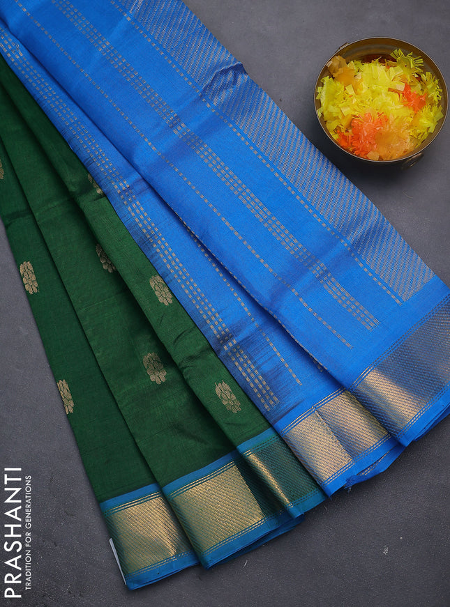 Silk cotton saree green and cs blue with zari woven floral buttas and zari woven border
