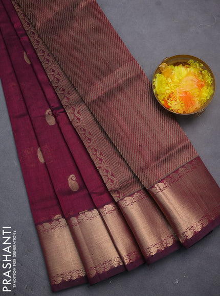 Silk cotton saree wine shade with paisley zari woven buttas and zari woven border