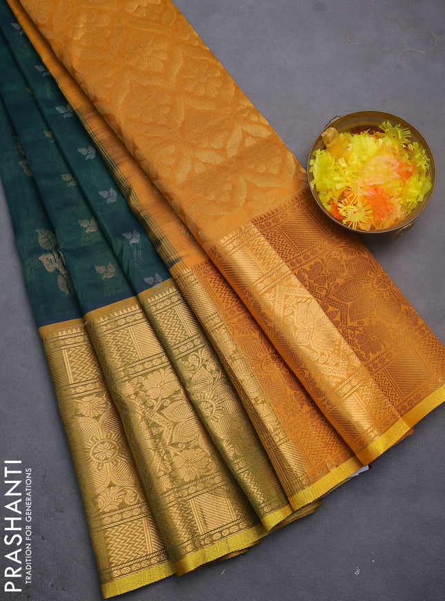 Silk cotton saree dual shade of green and mustard yellow with allover silver & gold zari woven buttas and long rich zari woven border