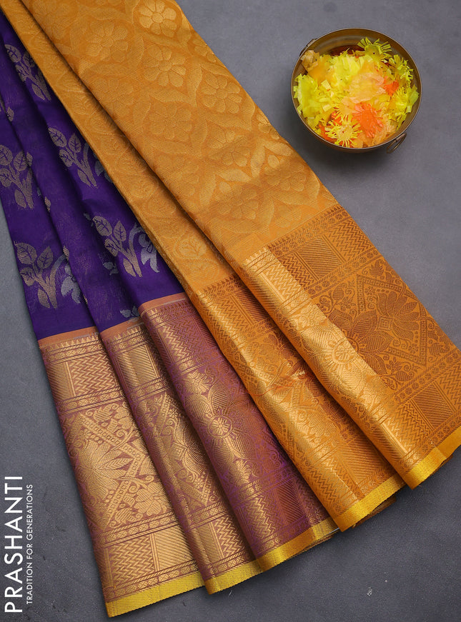 Silk cotton saree violet and mustard yellow with allover silver & gold zari woven buttas and long rich zari woven border