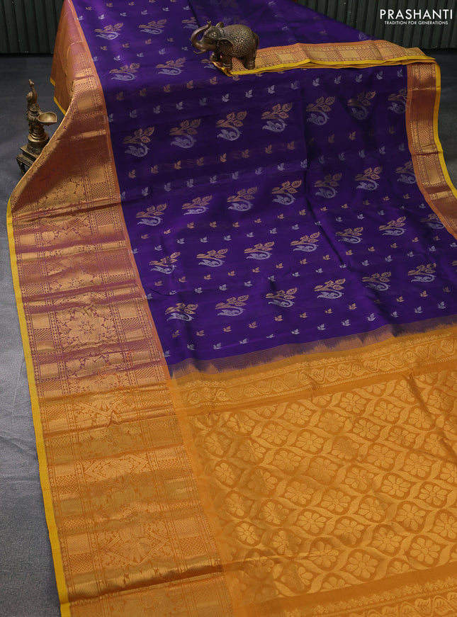 Silk cotton saree violet and mustard yellow with allover silver & gold zari woven buttas and long rich zari woven border
