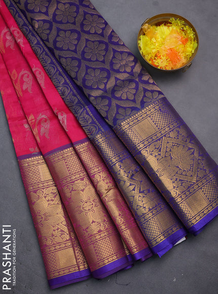 Silk cotton saree pink and dark blue with allover silver & gold zari woven buttas and long rich zari woven border