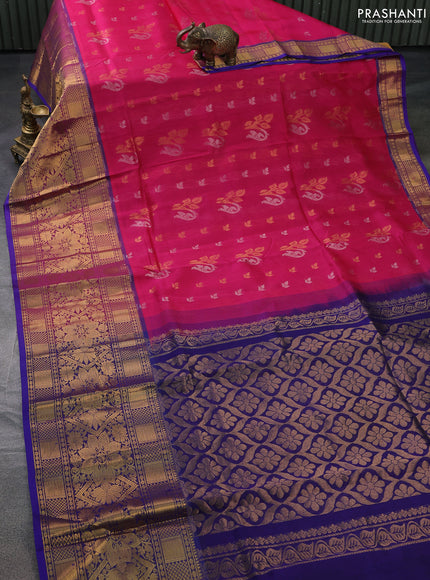 Silk cotton saree pink and dark blue with allover silver & gold zari woven buttas and long rich zari woven border