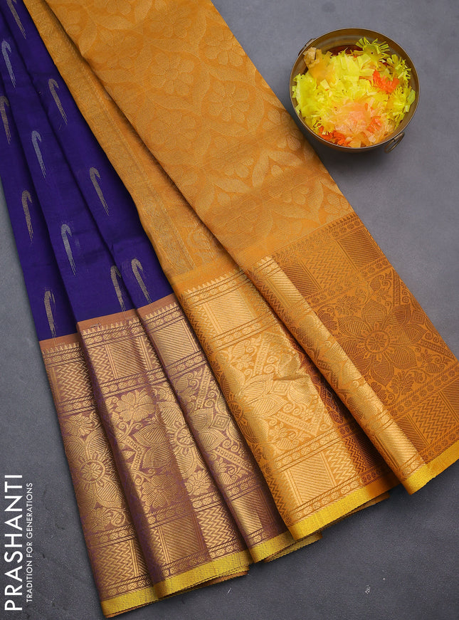 Silk cotton saree blue and mustard yellow with silver & gold zari woven muniya buttas and long zari woven border
