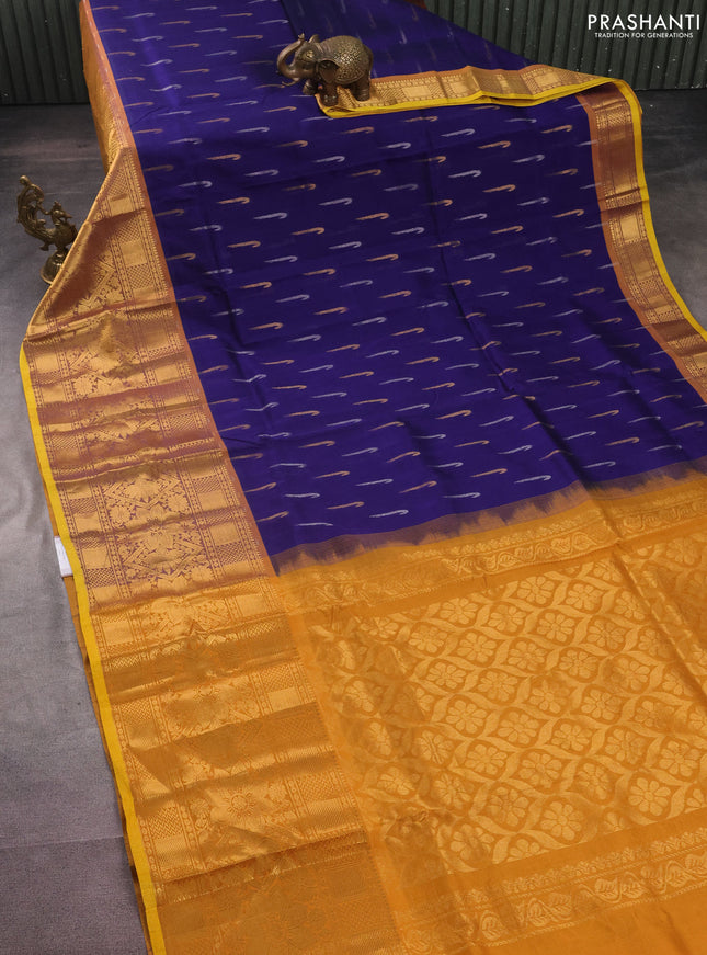 Silk cotton saree blue and mustard yellow with silver & gold zari woven muniya buttas and long zari woven border