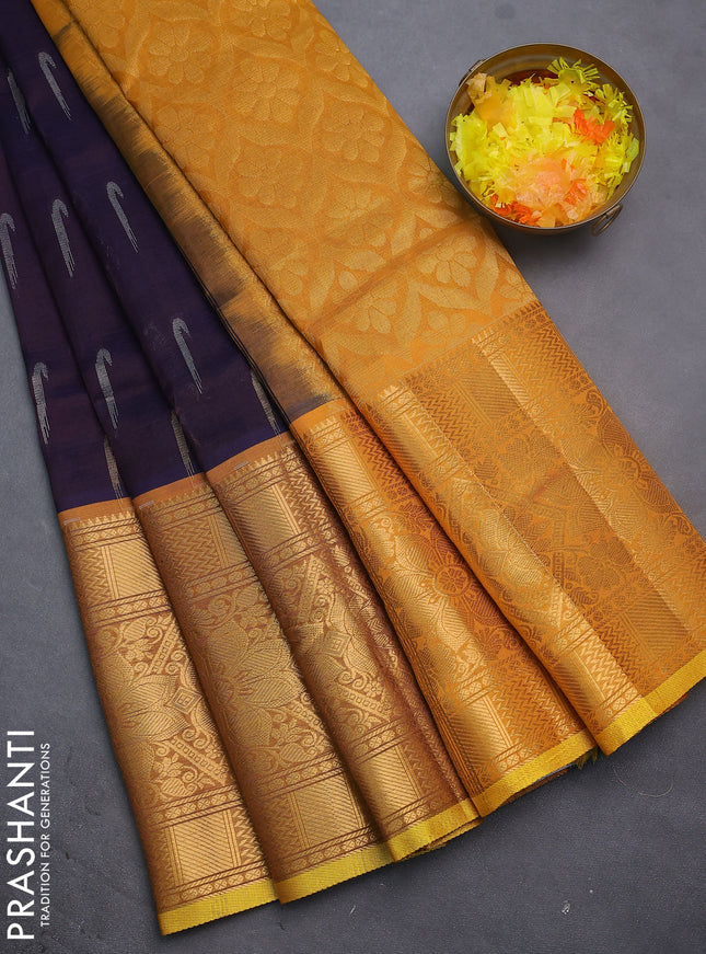 Silk cotton saree wine shade and mustard yellow with silver & gold zari woven muniya buttas and long zari woven border