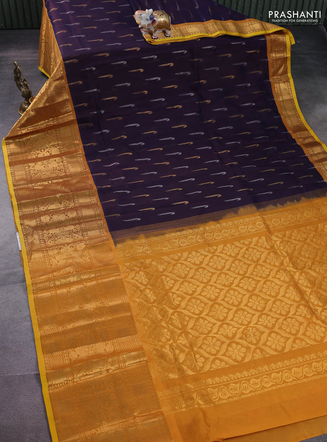Silk cotton saree wine shade and mustard yellow with silver & gold zari woven muniya buttas and long zari woven border