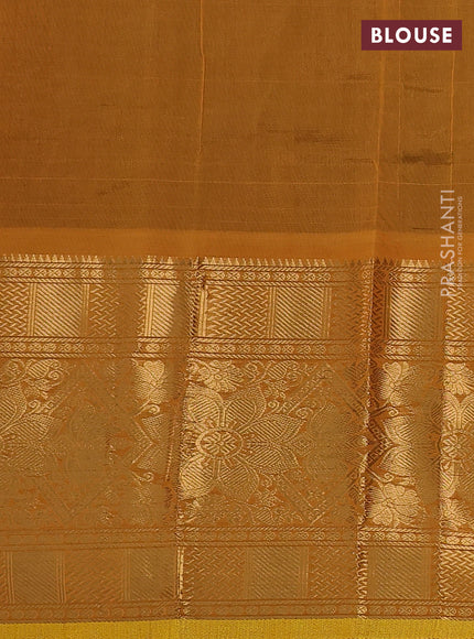 Silk cotton saree wine shade and mustard yellow with silver & gold zari woven muniya buttas and long zari woven border