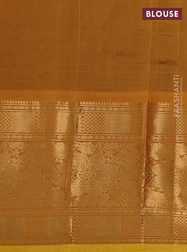 Silk cotton saree wine shade and mustard yellow with silver & gold zari woven muniya buttas and long zari woven border