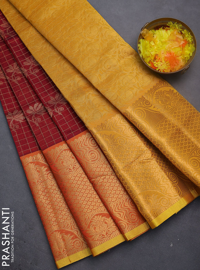 Silk cotton saree maroon and mustard yellow with allover zari checks & buttas and long zari woven border