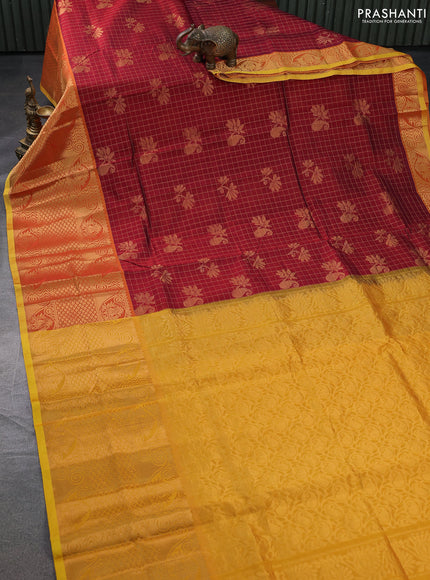 Silk cotton saree maroon and mustard yellow with allover zari checks & buttas and long zari woven border