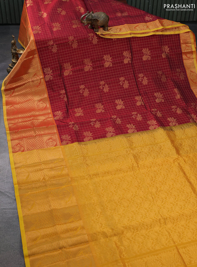 Silk cotton saree maroon and mustard yellow with allover zari checks & buttas and long zari woven border