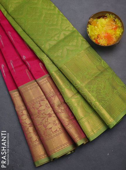 Silk cotton saree pink and light green with silver & gold zari woven muniya buttas and long zari woven border