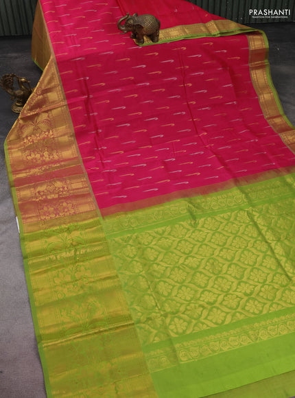 Silk cotton saree pink and light green with silver & gold zari woven muniya buttas and long zari woven border