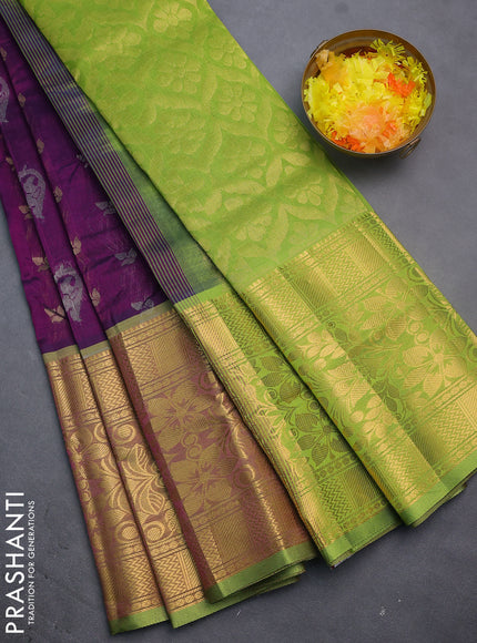 Silk cotton saree purple and light green with allover silver & gold zari woven buttas and long rich zari woven border