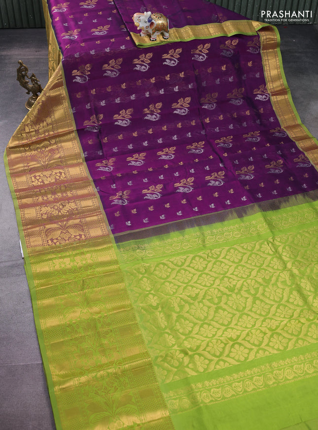 Silk cotton saree purple and light green with allover silver & gold zari woven buttas and long rich zari woven border
