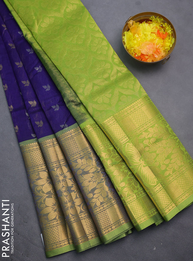 Silk cotton saree dark blue and light green with allover silver & gold zari woven buttas and long rich zari woven border