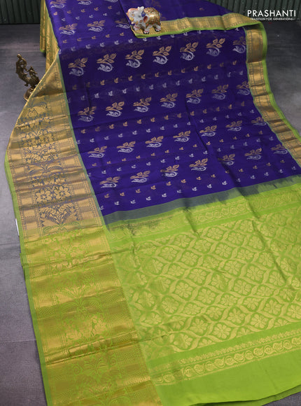 Silk cotton saree dark blue and light green with allover silver & gold zari woven buttas and long rich zari woven border